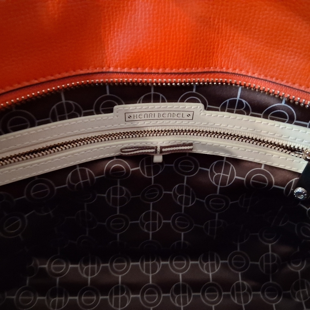 Henri Bendel Shoulder Bag Leather Sunburst Orange Red Satchel Handbag  Strap - Picture 7 of 17